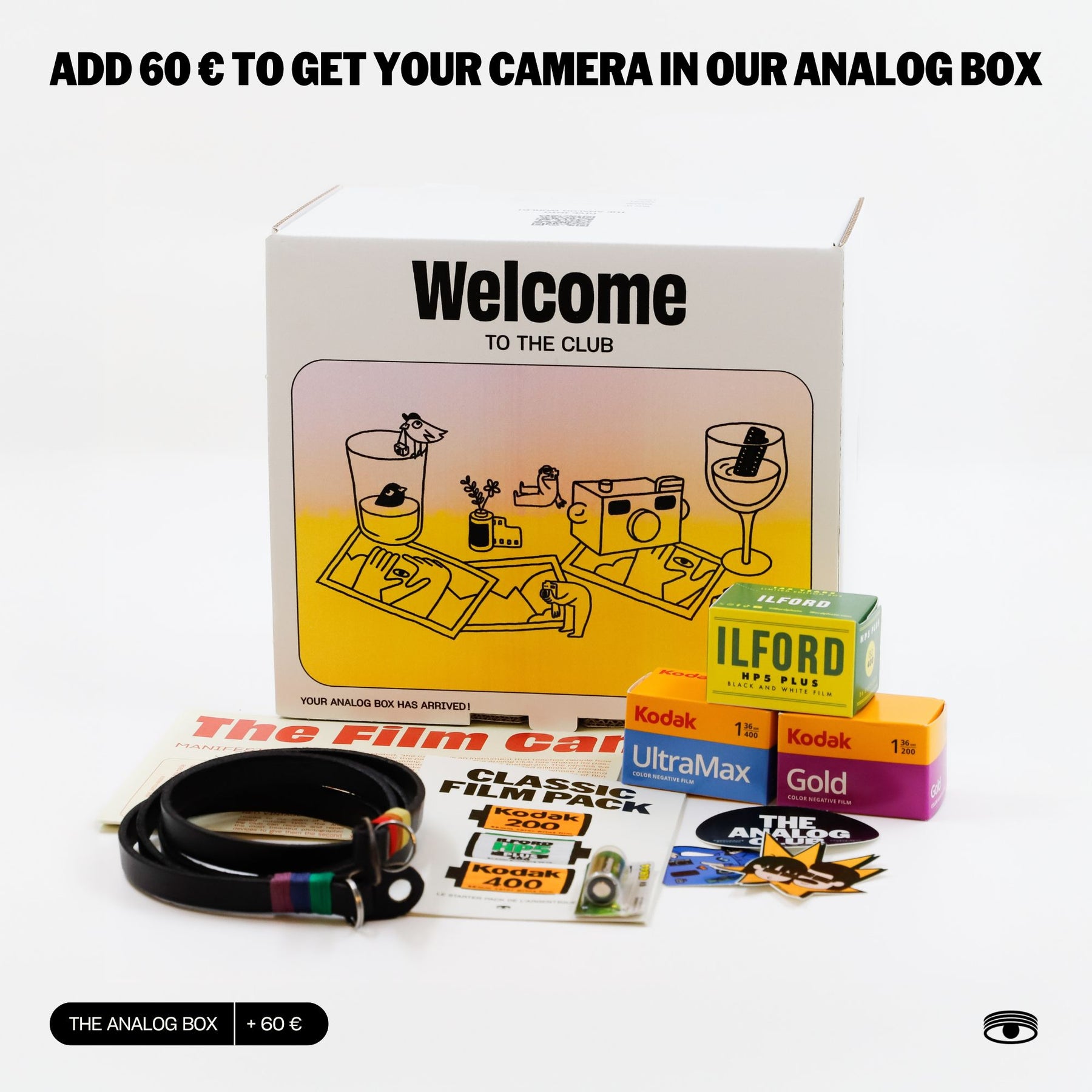 Analog camera accessories including a box labeled 'Welcome to the Club' and Kodak film packs on a white background.
