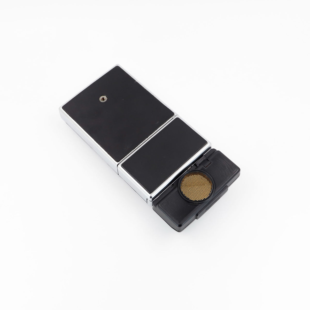 Polaroid SX-70 Land Sonar instant camera in silver with restored black leather, converted to accept 600 film