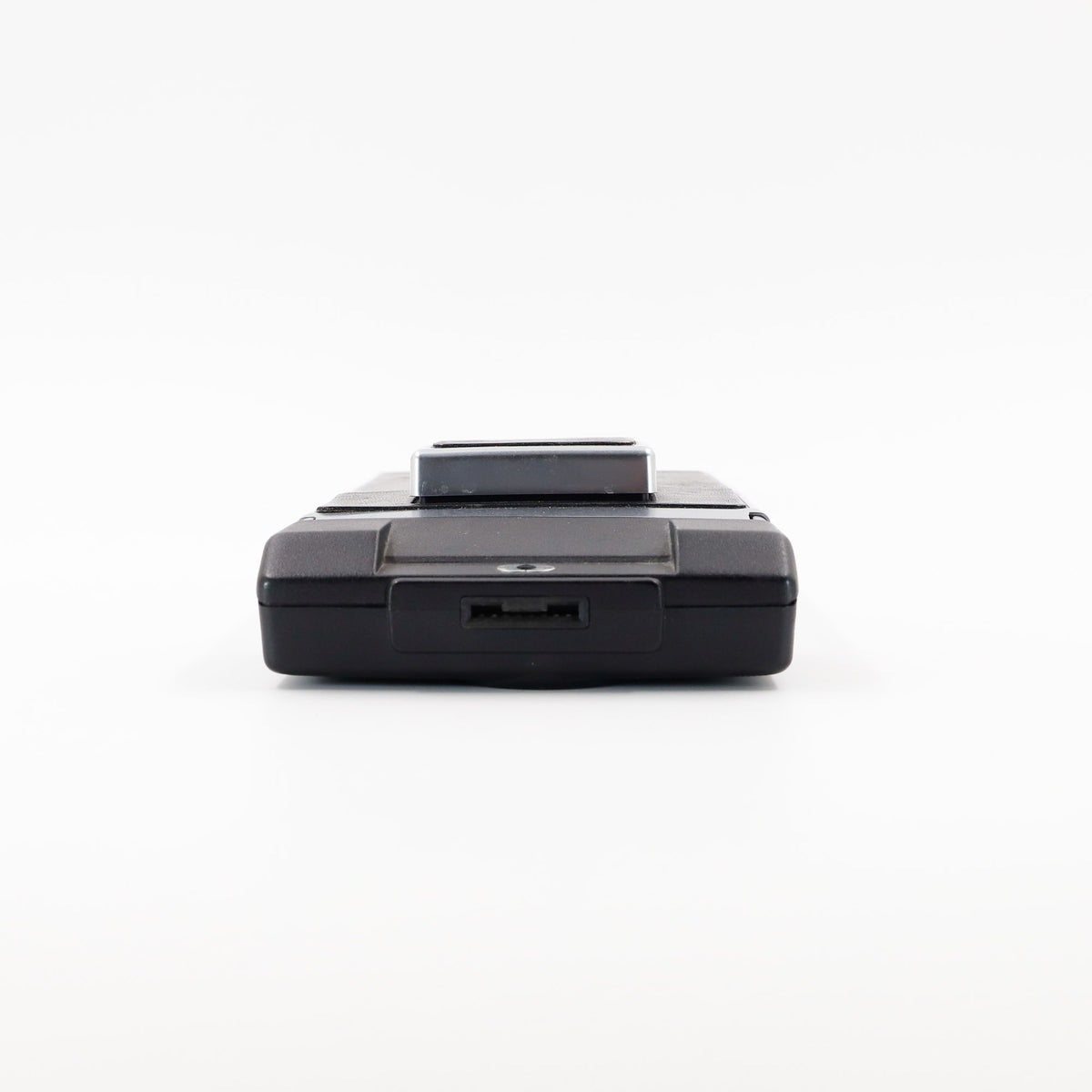 Polaroid SX-70 Land Sonar instant camera in silver with original black leather, converted to accept 600 film