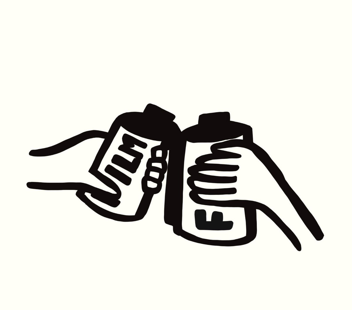 Black silhouette of two hands holding a can with 'FIM' branding on a white background