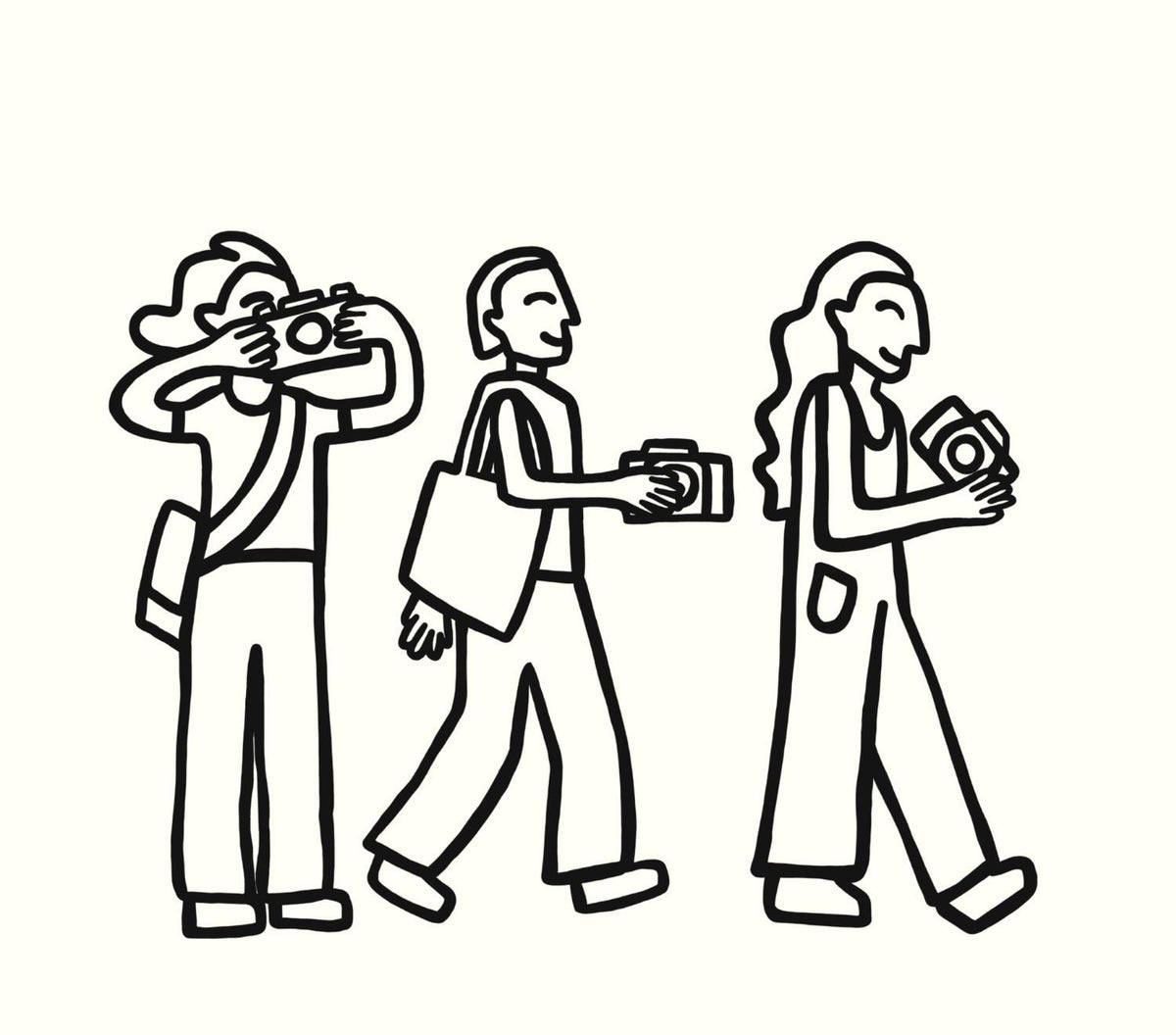 Three people with cameras, likely journalists or photographers, on a white background