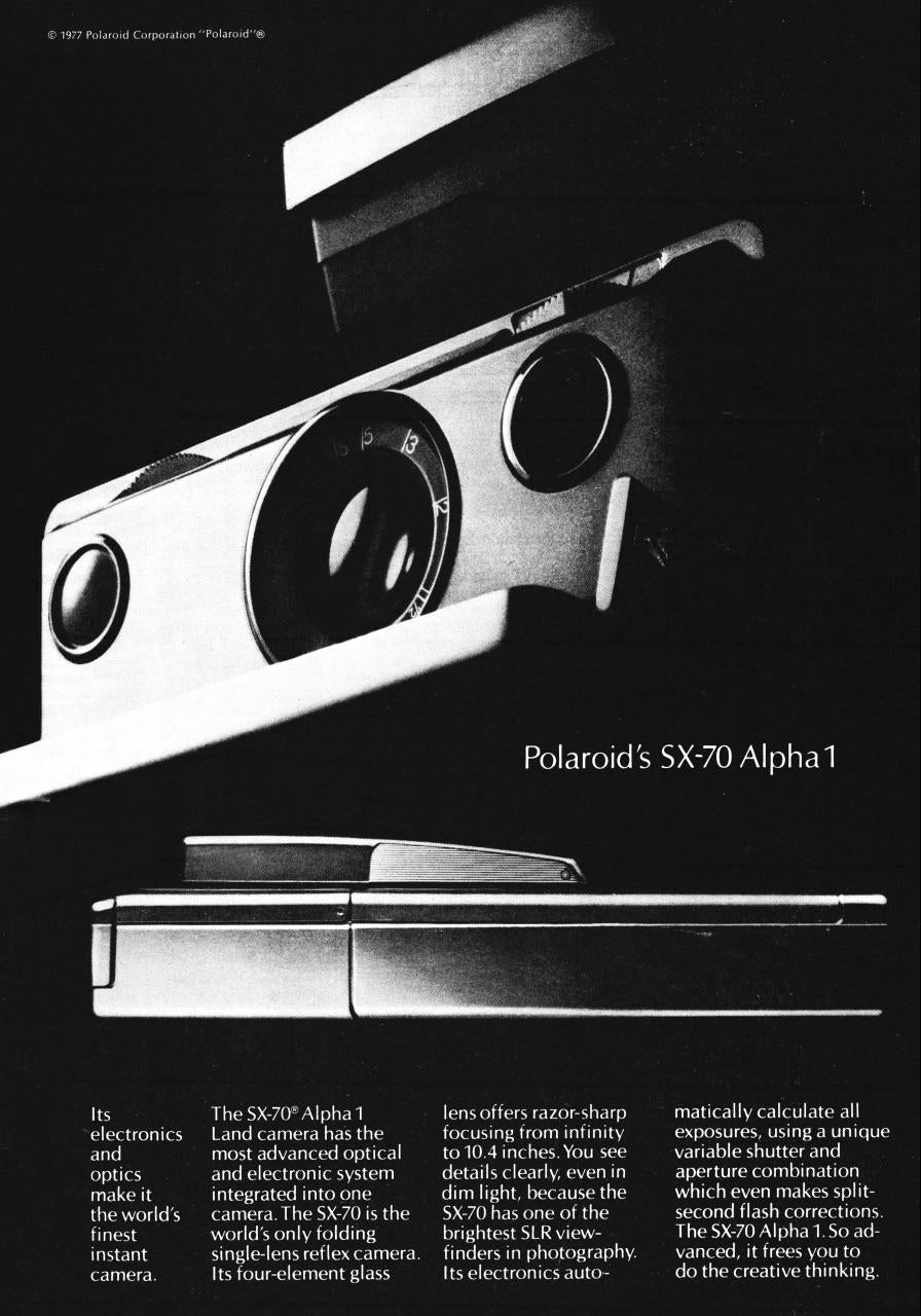 Black and white advertisement for Polaroid's SX-70 Alpha 1 camera