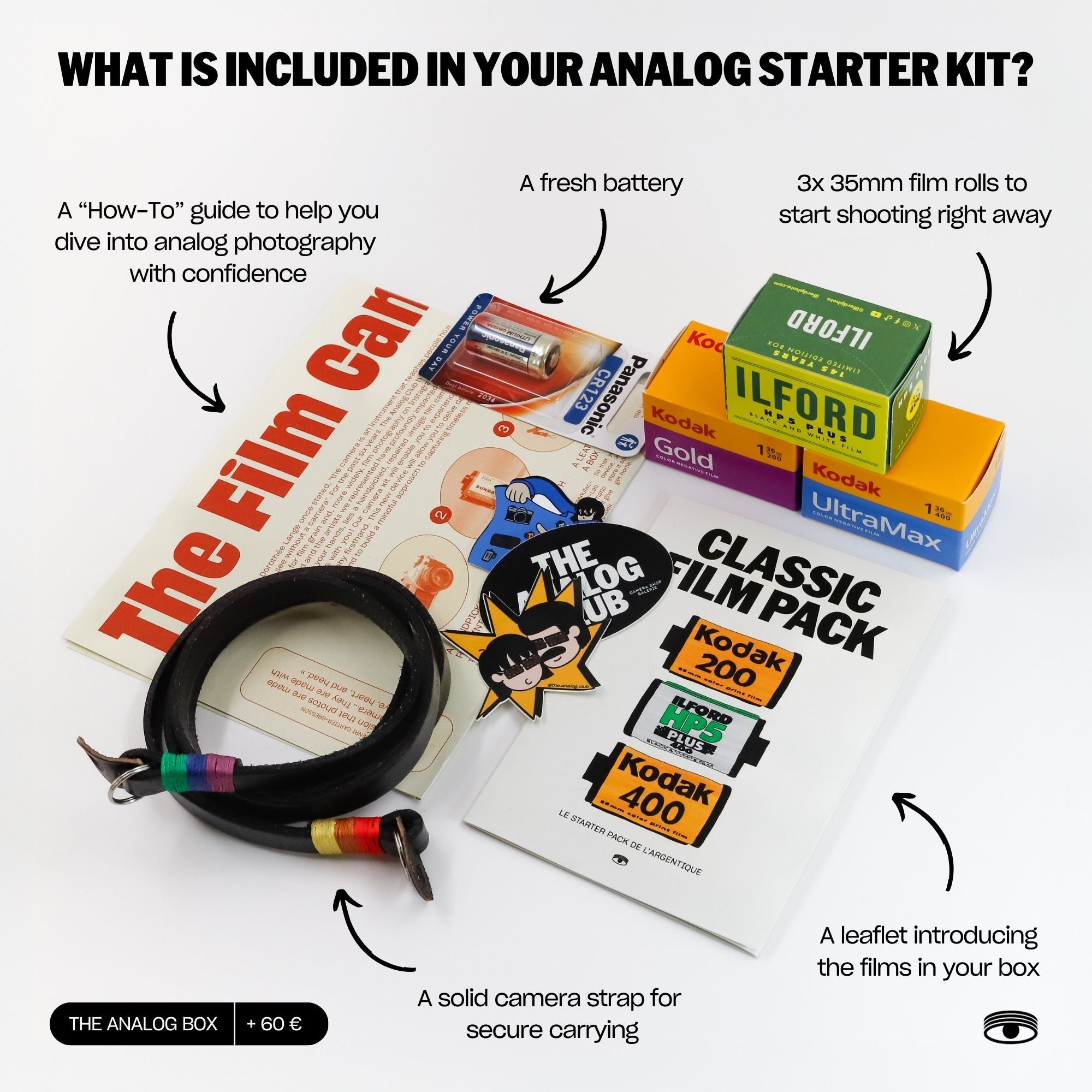 Analog photography starter kit with film packs, battery, strap, and guide on a white background