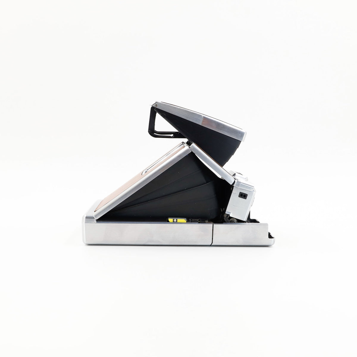Polaroid SX-70 Land instant camera in silver with restored caramel leather, converted to accept 600 film