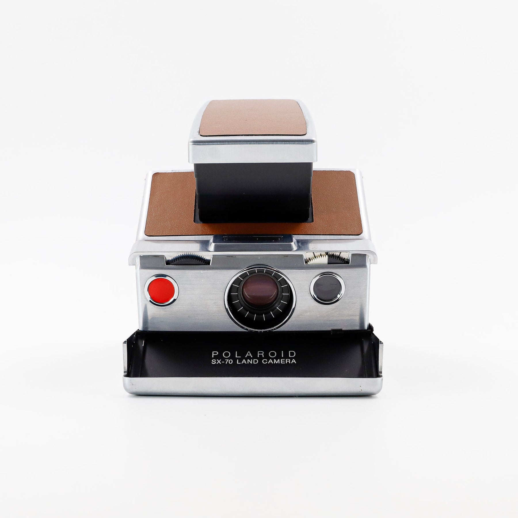 Polaroid SX-70 Land instant camera in silver with restored caramel leather, converted to accept 600 film