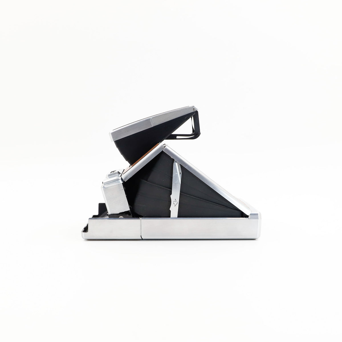 Polaroid SX-70 Land instant camera in silver with restored caramel leather, converted to accept 600 film