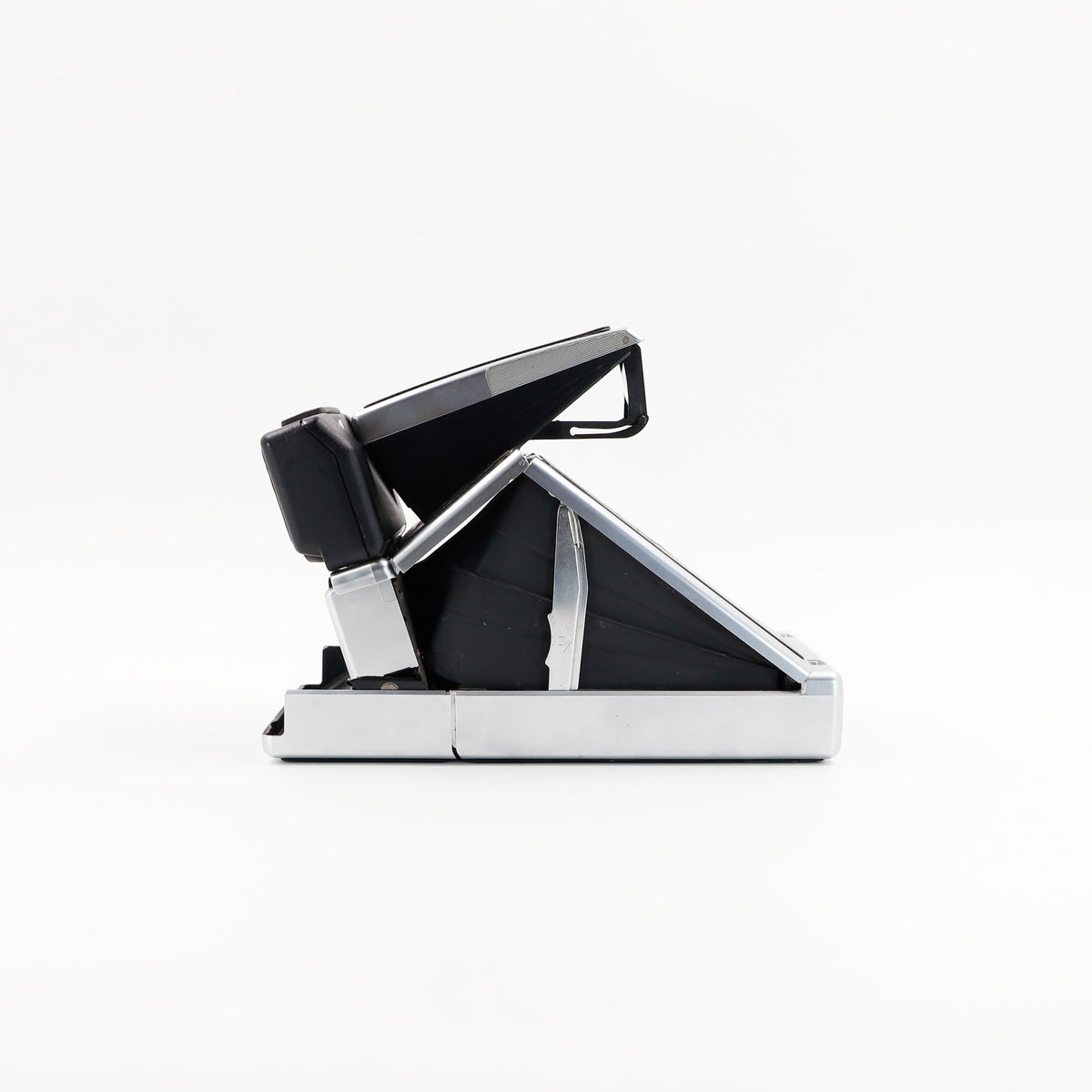Polaroid SX-70 Land Sonar instant camera in silver with restored black leather, converted to accept 600 film