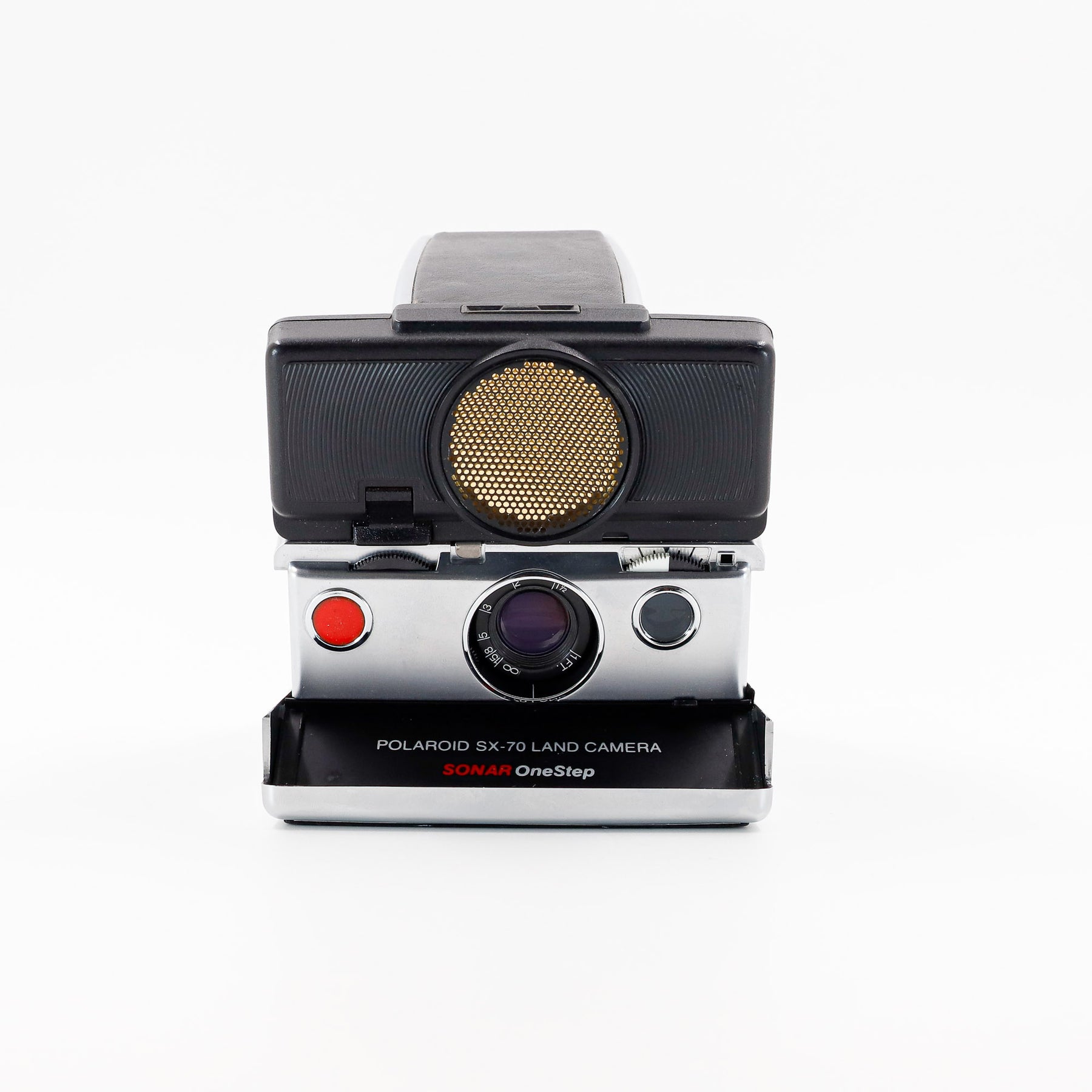 Polaroid SX-70 Land Sonar instant camera in silver with restored black leather, converted to accept 600 film