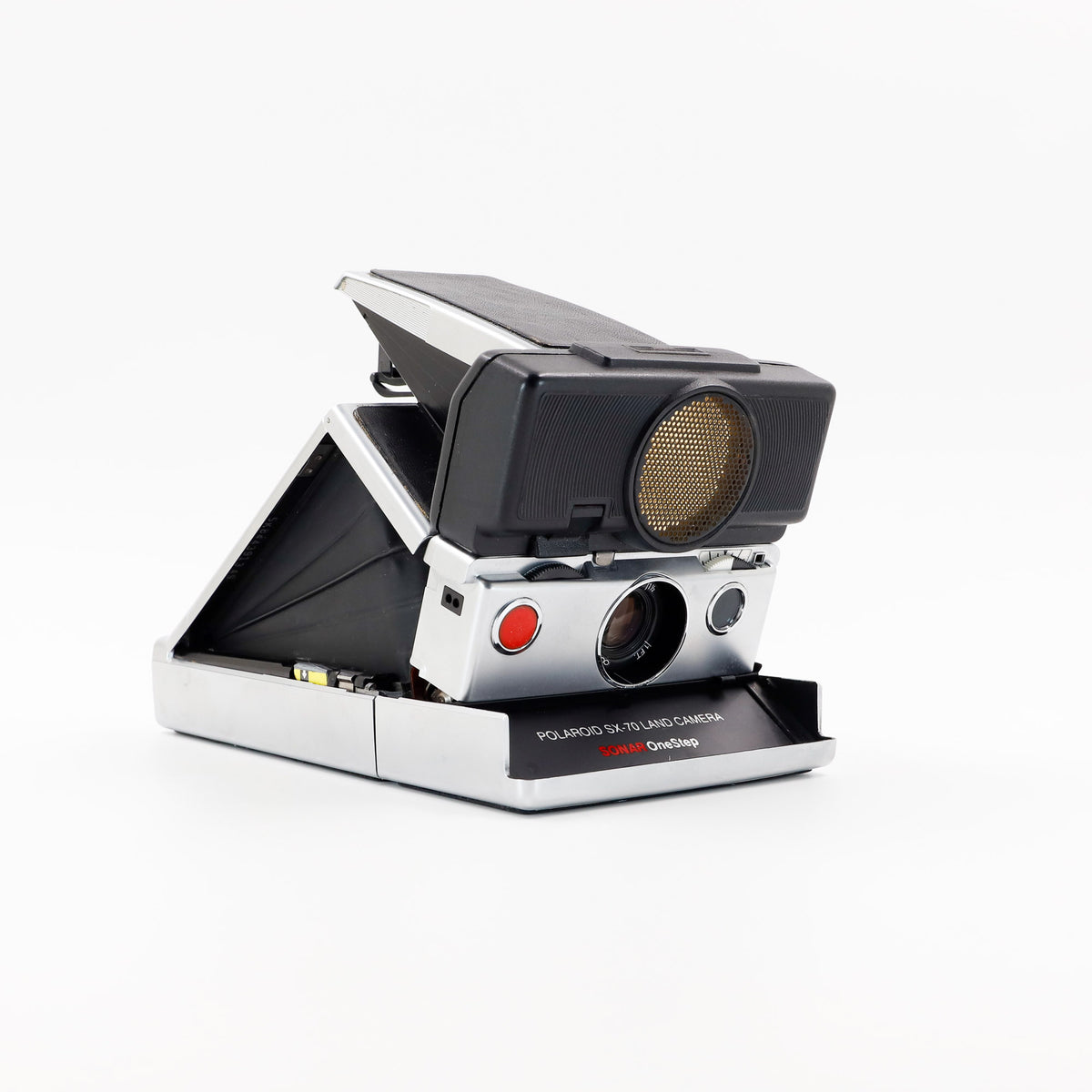 Polaroid SX-70 Land Sonar instant camera in silver with original black leather, converted to accept 600 film