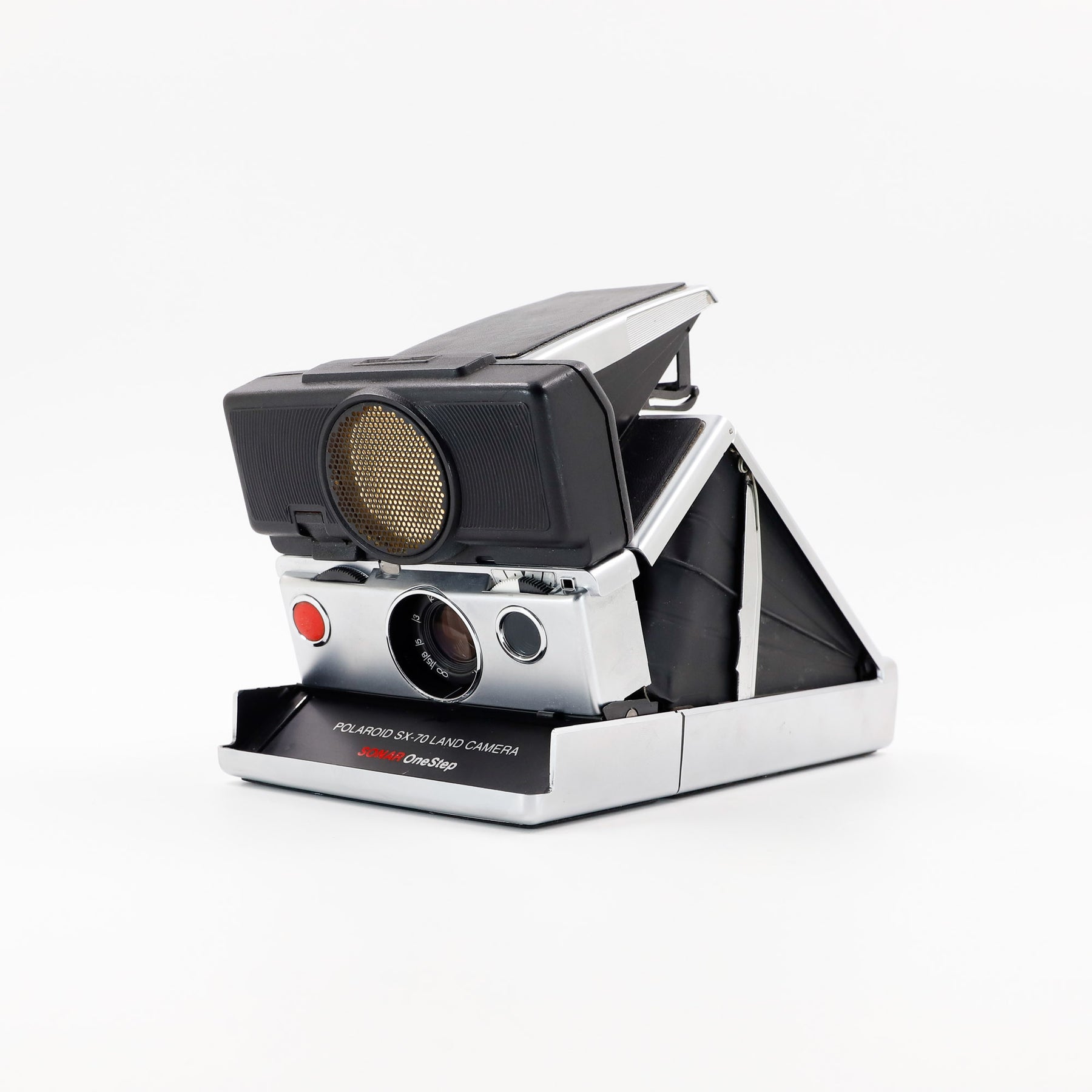 Polaroid SX-70 Land Sonar instant camera in silver with restored black leather, converted to accept 600 film