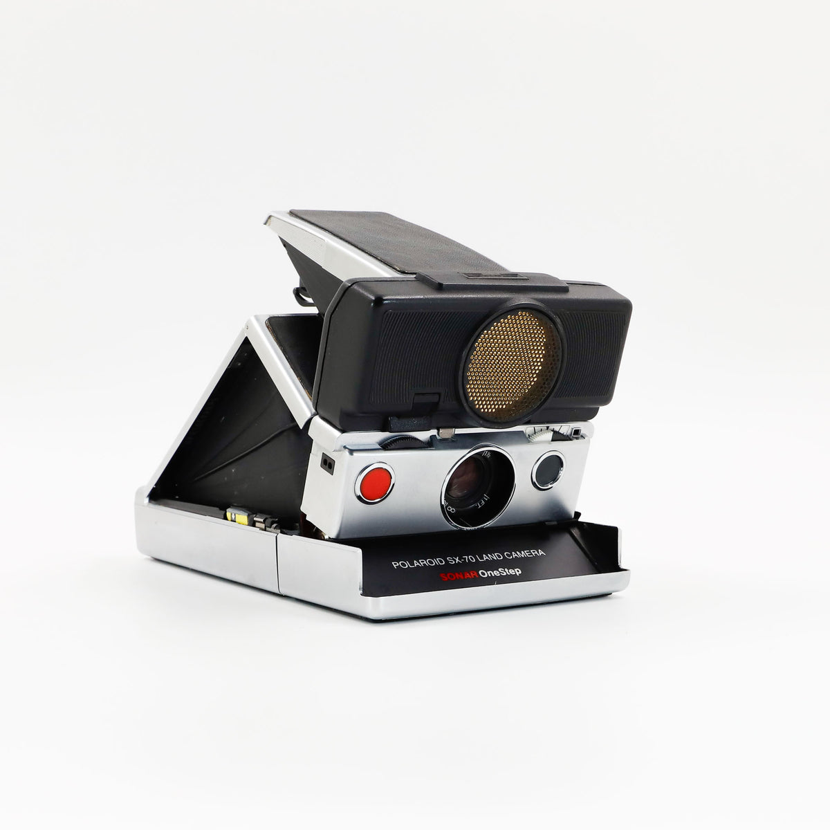 Polaroid SX-70 Land Sonar instant camera in silver with restored black leather, converted to accept 600 film